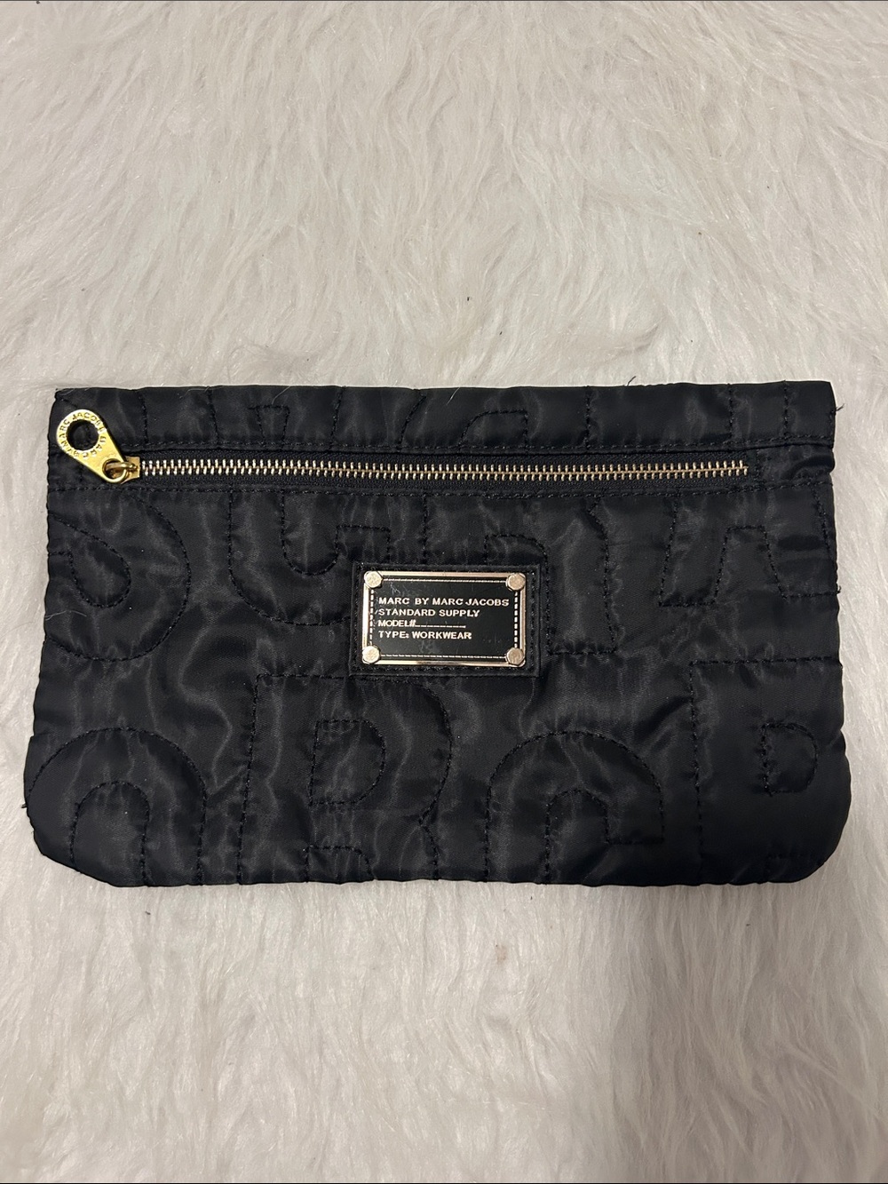 Marc Jacobs Black Quilted Nylon Zip Pouch with Gold Hardware